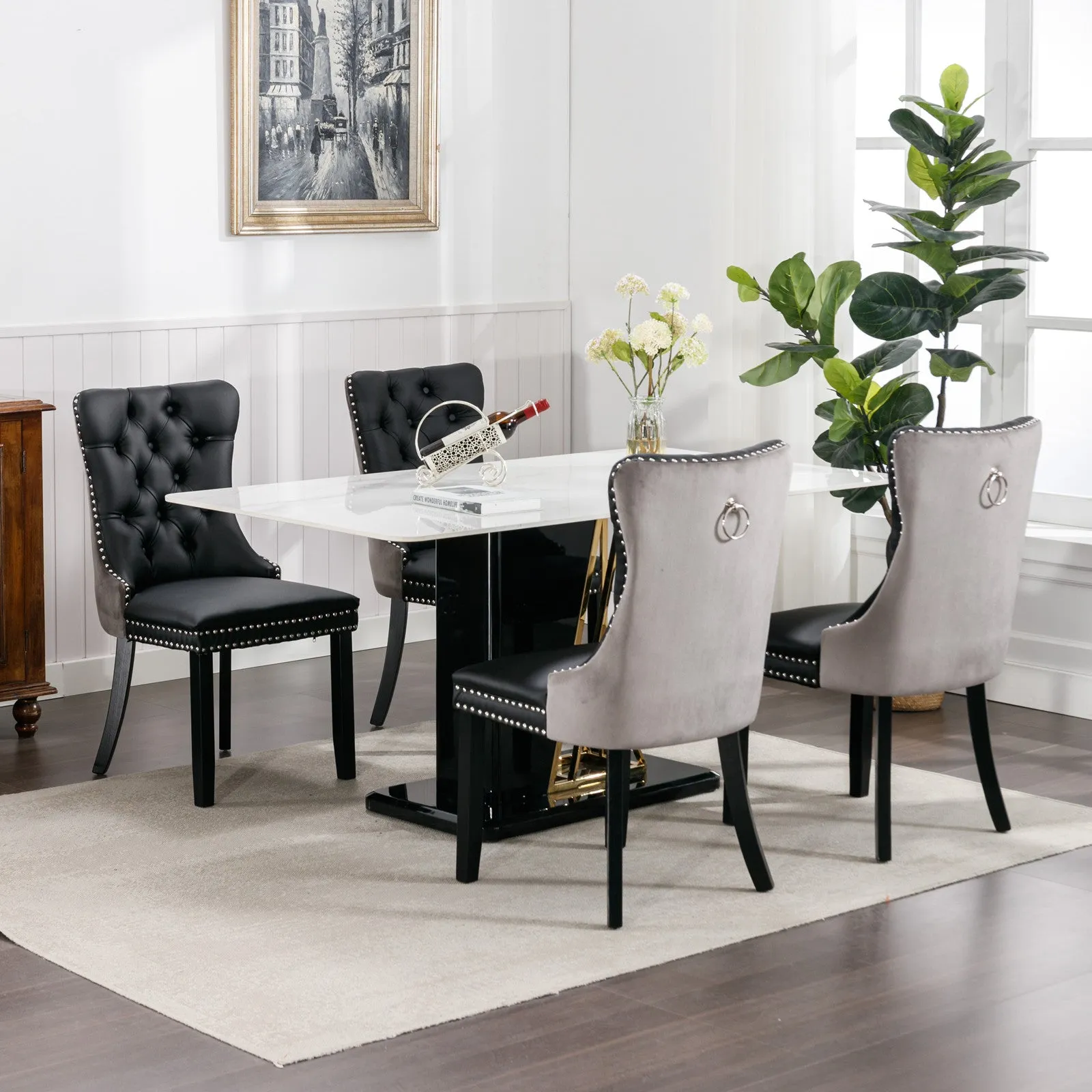 2 Tufted Dining Chairs: Black/Gray, Wood Legs, Nailhead Trim | 25.50 x 19.70 x 37.50