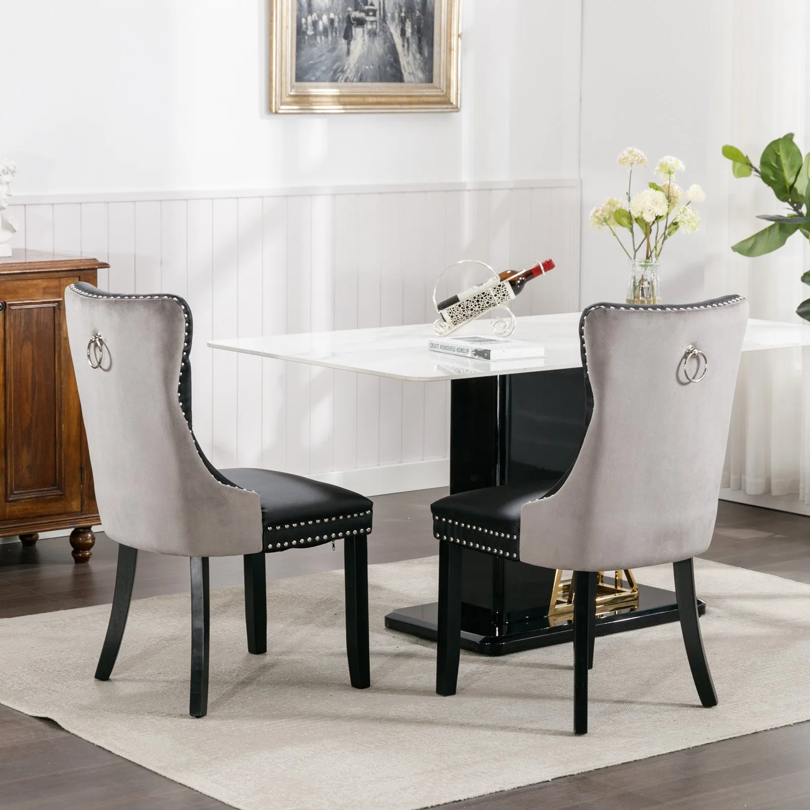 2 Tufted Dining Chairs: Black/Gray, Wood Legs, Nailhead Trim | 25.50 x 19.70 x 37.50