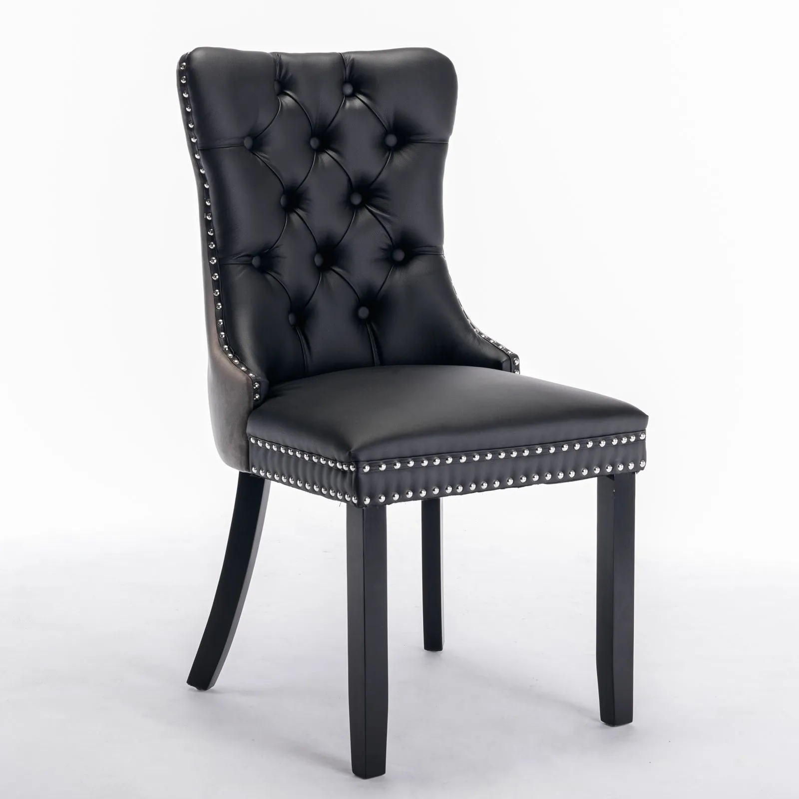 2 Tufted Dining Chairs: Black/Gray, Wood Legs, Nailhead Trim | 25.50 x 19.70 x 37.50