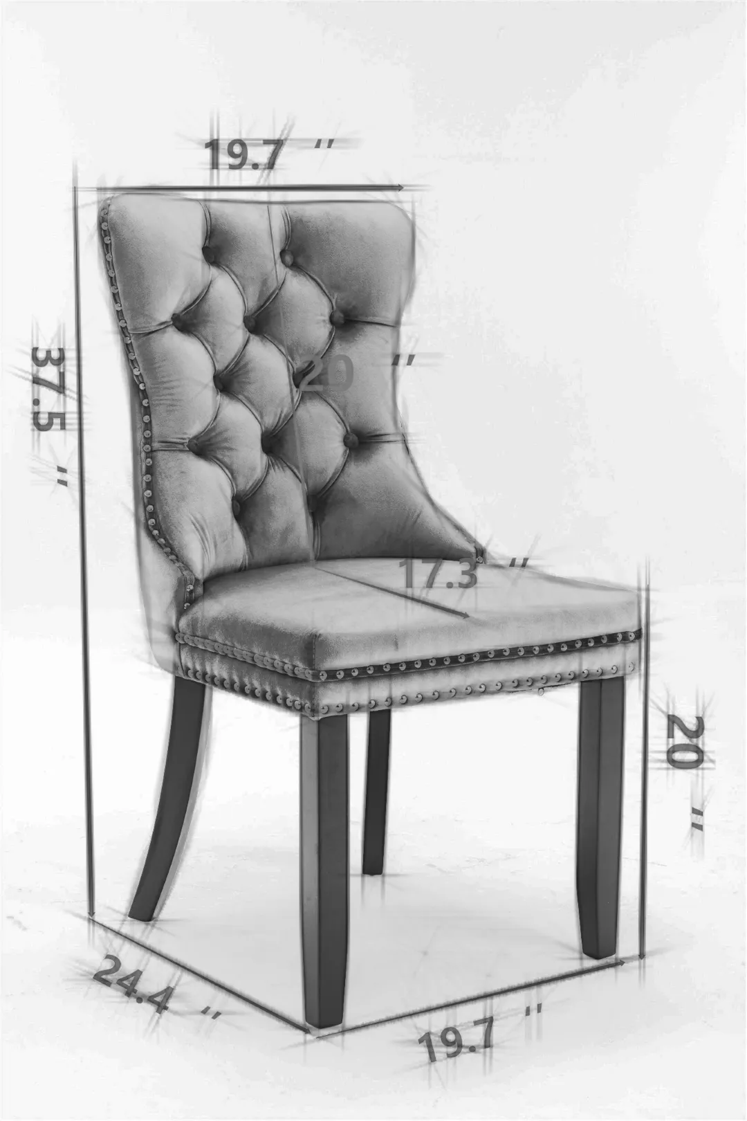 2 Tufted Dining Chairs: Black/Gray, Wood Legs, Nailhead Trim | 25.50 x 19.70 x 37.50