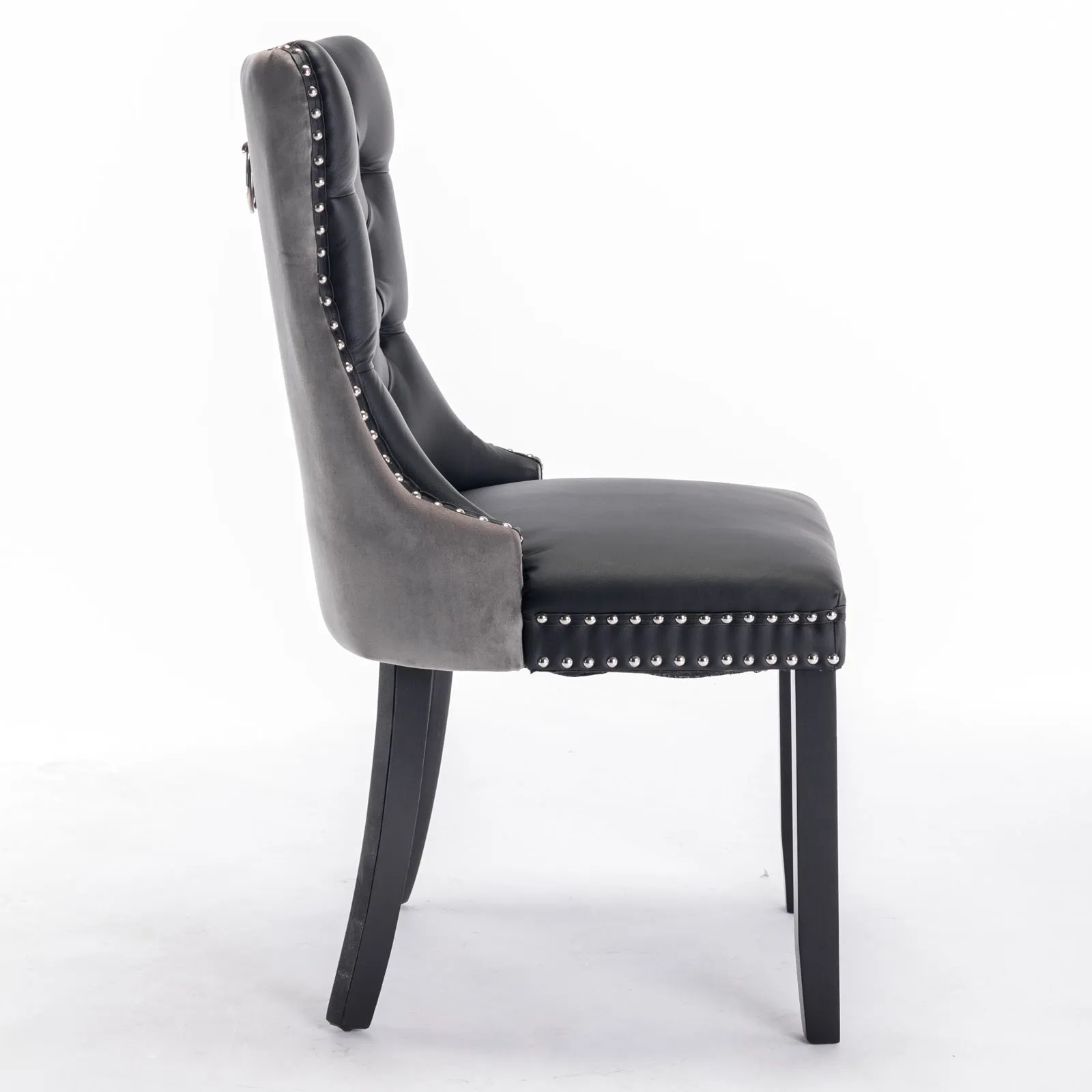 2 Tufted Dining Chairs: Black/Gray, Wood Legs, Nailhead Trim | 25.50 x 19.70 x 37.50