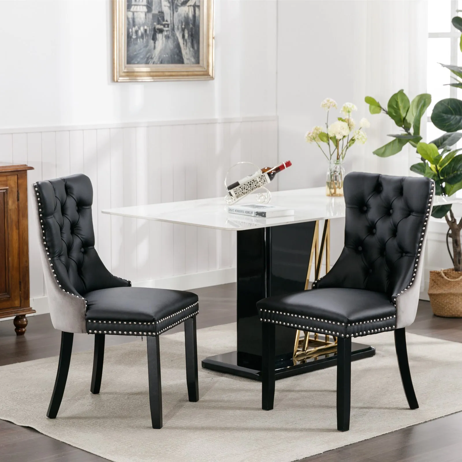 2 Tufted Dining Chairs: Black/Gray, Wood Legs, Nailhead Trim | 25.50 x 19.70 x 37.50