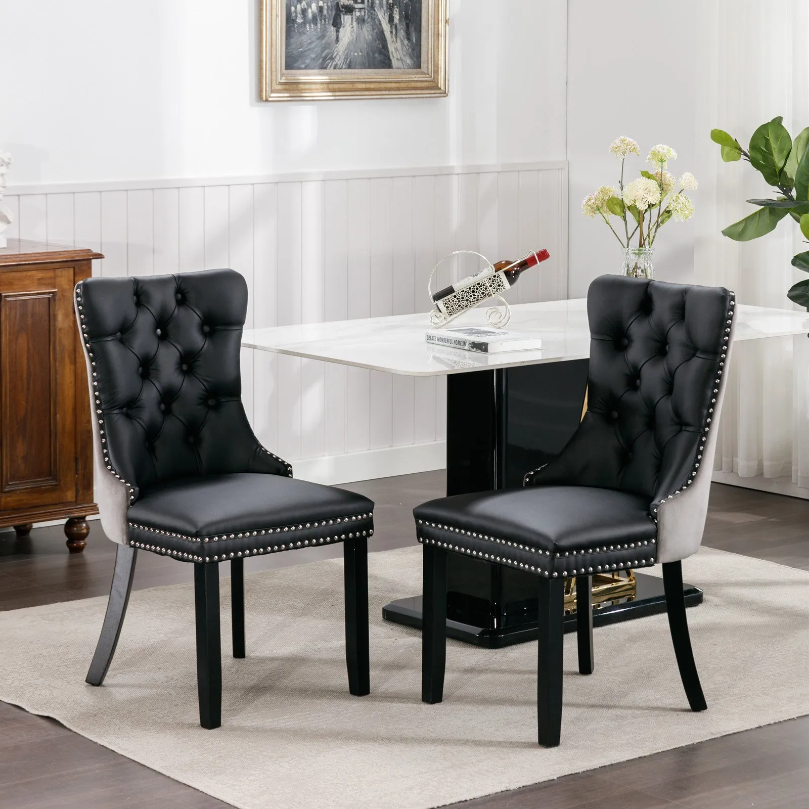 2 Tufted Dining Chairs: Black/Gray, Wood Legs, Nailhead Trim | 25.50 x 19.70 x 37.50