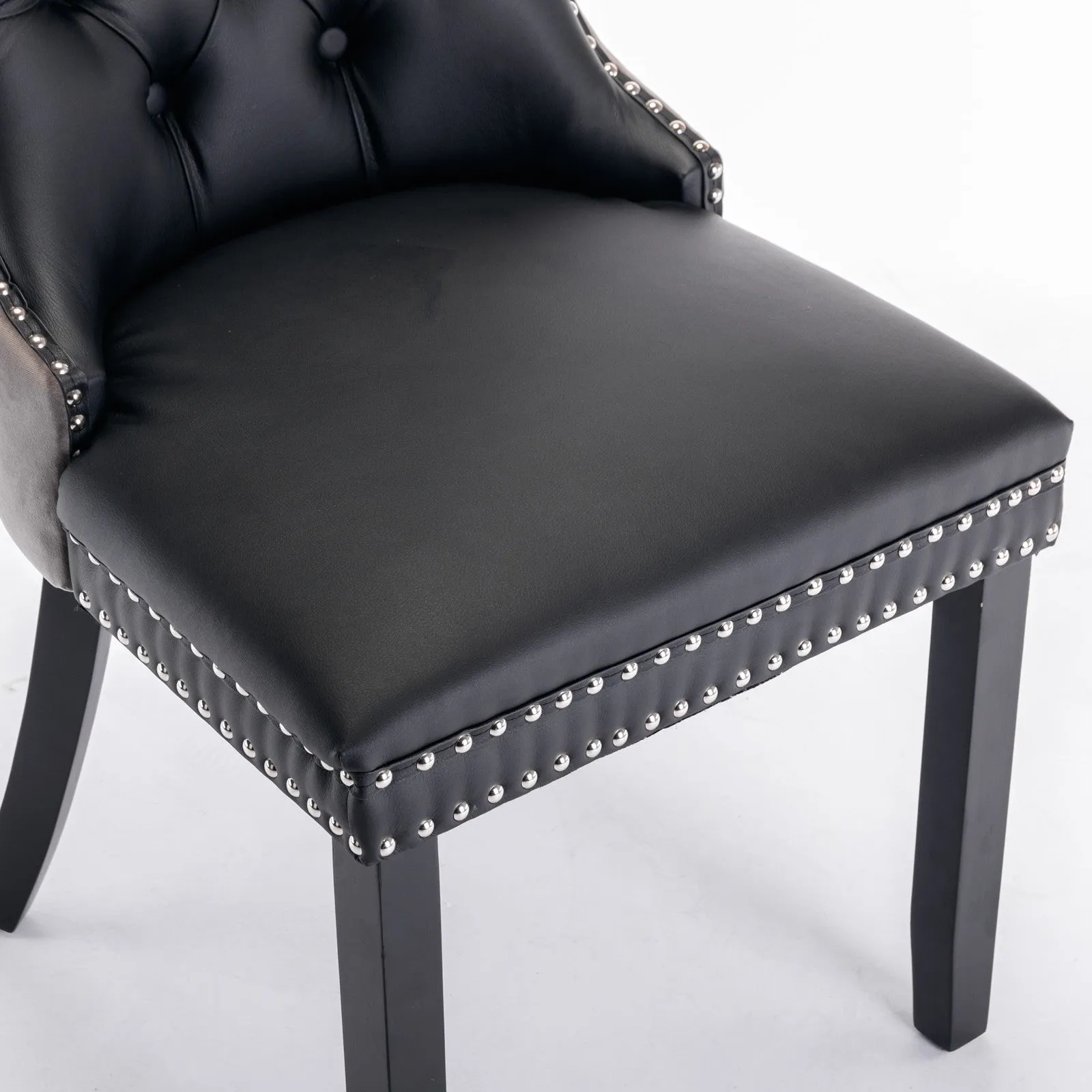 2 Tufted Dining Chairs: Black/Gray, Wood Legs, Nailhead Trim | 25.50 x 19.70 x 37.50