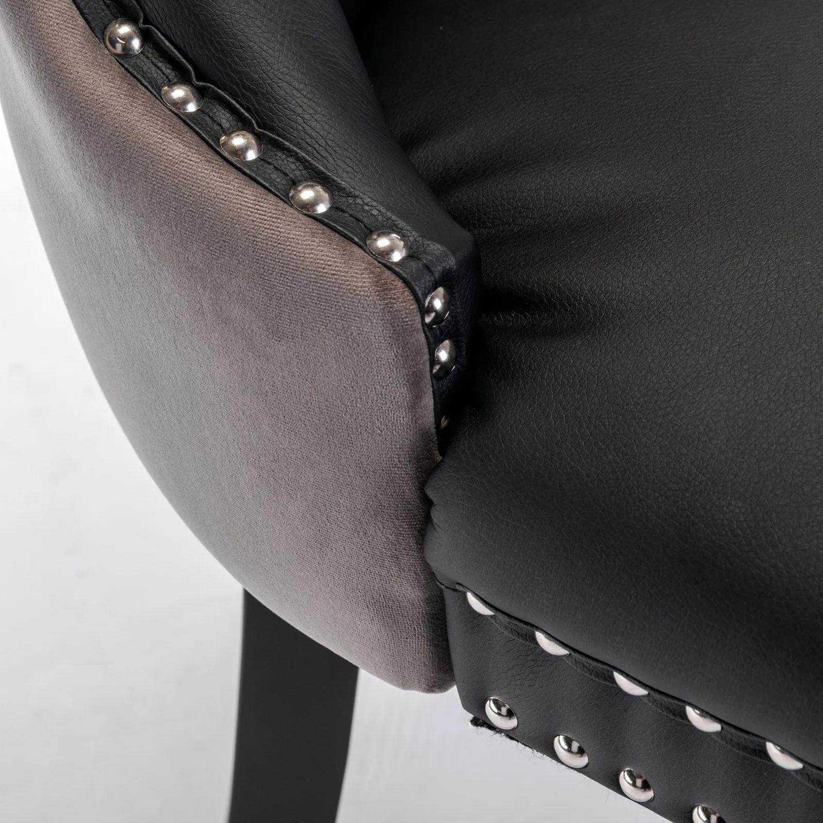 2 Tufted Dining Chairs: Black/Gray, Wood Legs, Nailhead Trim | 25.50 x 19.70 x 37.50