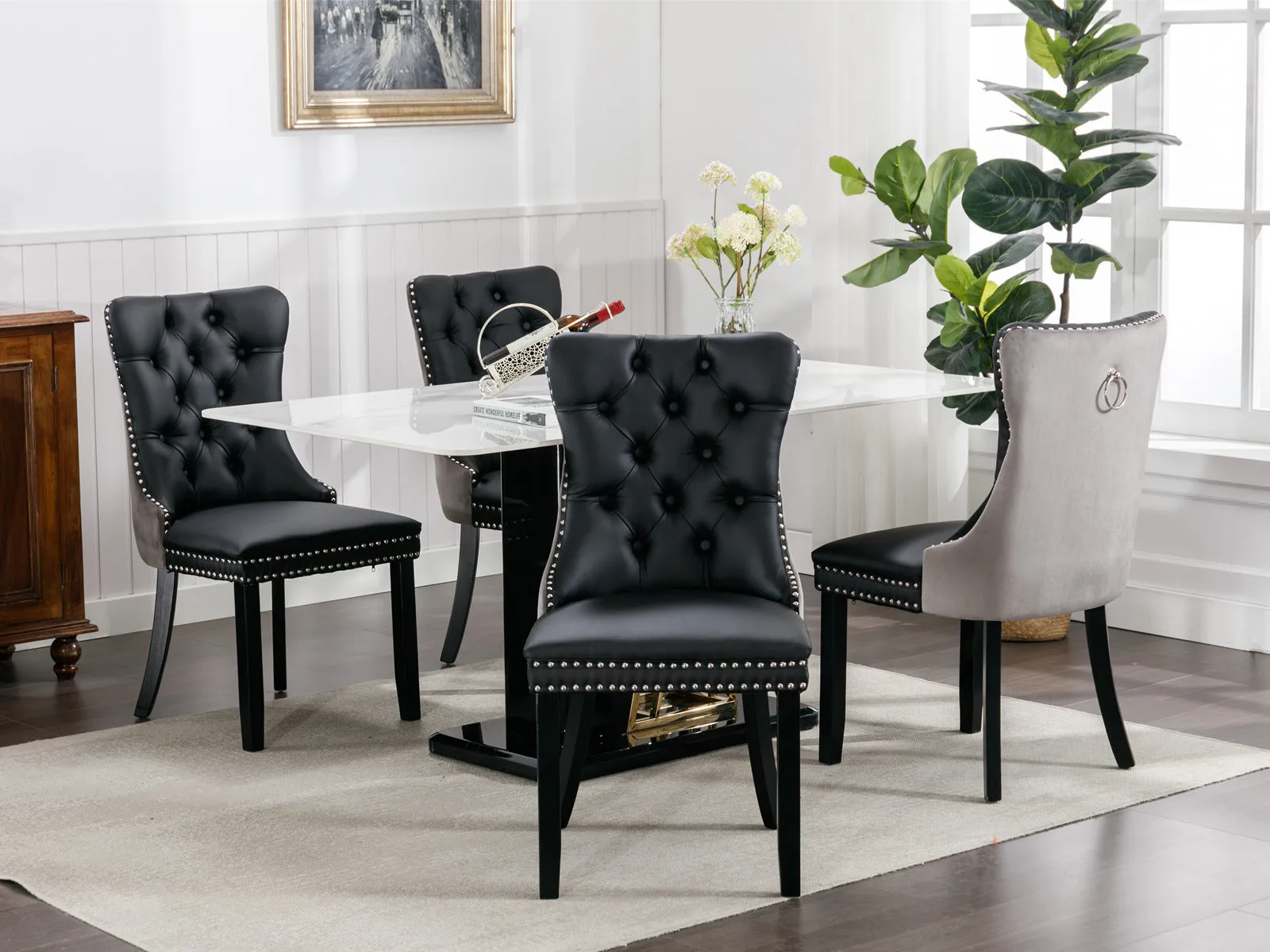 2 Tufted Dining Chairs: Black/Gray, Wood Legs, Nailhead Trim | 25.50 x 19.70 x 37.50