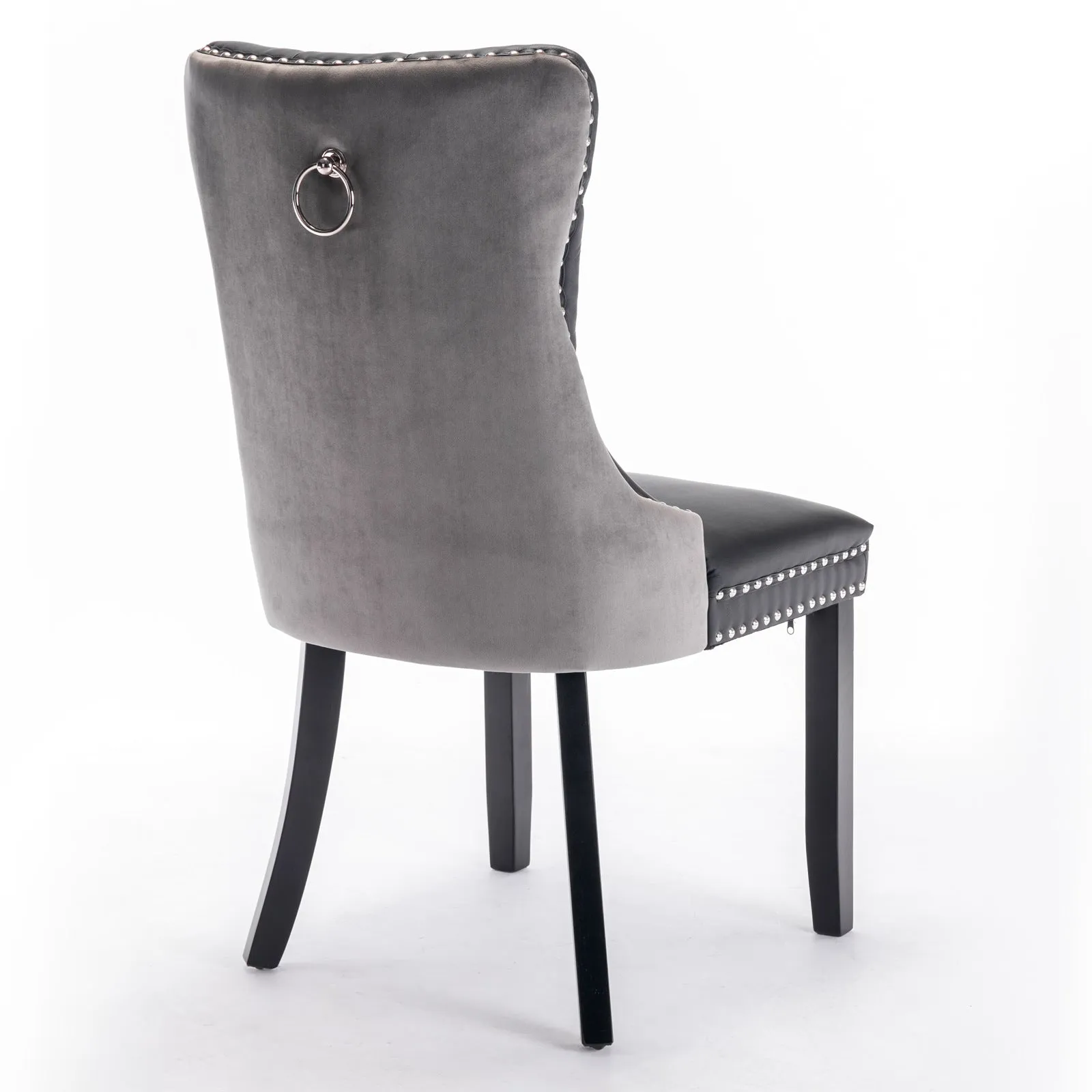 2 Tufted Dining Chairs: Black/Gray, Wood Legs, Nailhead Trim | 25.50 x 19.70 x 37.50