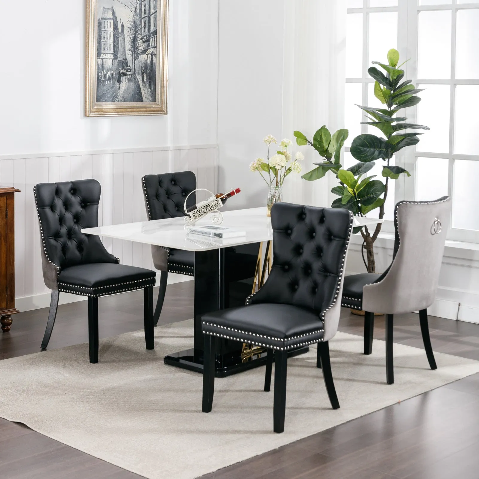 2 Tufted Dining Chairs: Black/Gray, Wood Legs, Nailhead Trim | 25.50 x 19.70 x 37.50