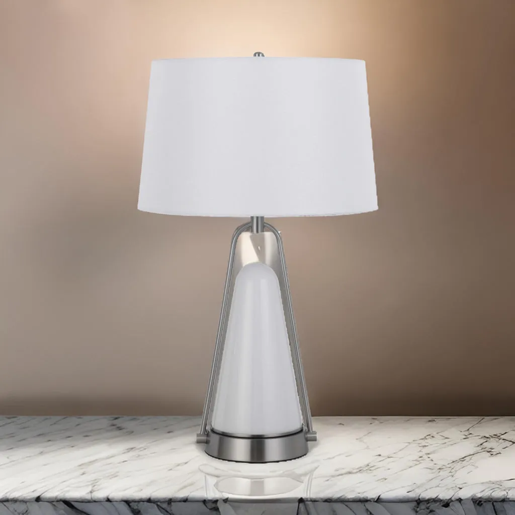 29 Inch Table Lamp, LED Lit, White Drum Hardback, Silver Metal and Glass By Casagear Home