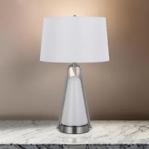 29 Inch Table Lamp, LED Lit, White Drum Hardback, Silver Metal and Glass By Casagear Home