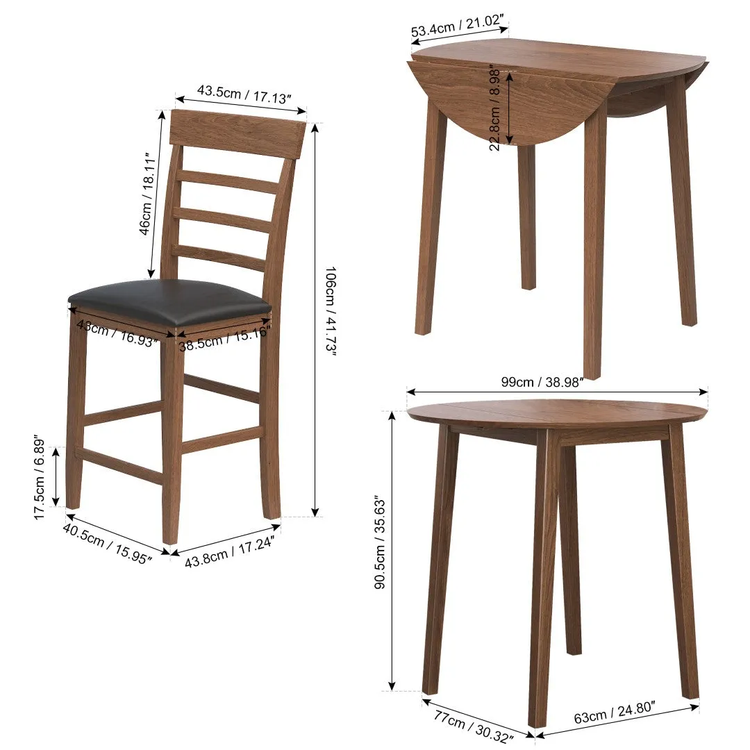 3-Piece Dining Set: Counter Height Table, 2 Chairs, Walnut/Black - Space-Saving & Stylish
