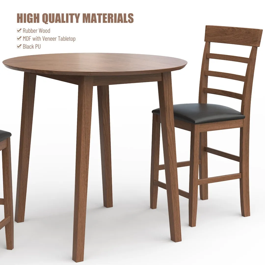 3-Piece Dining Set: Counter Height Table, 2 Chairs, Walnut/Black - Space-Saving & Stylish
