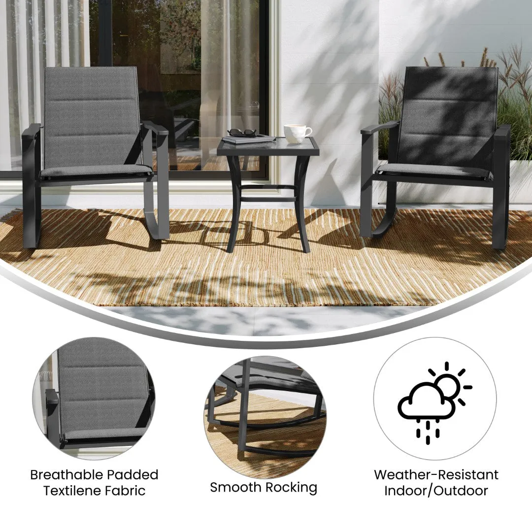 3 Piece Outdoor Rocking Chair Bistro Set with Flex Comfort Material and Steel Framed Glass Top Table, /