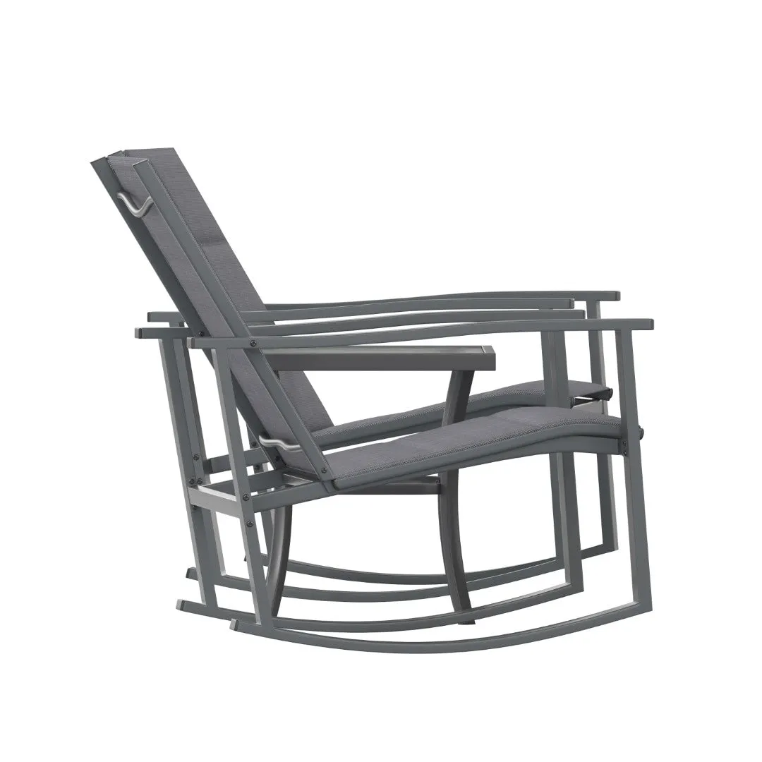 3 Piece Outdoor Rocking Chair Bistro Set with Flex Comfort Material and Steel Framed Glass Top Table, /