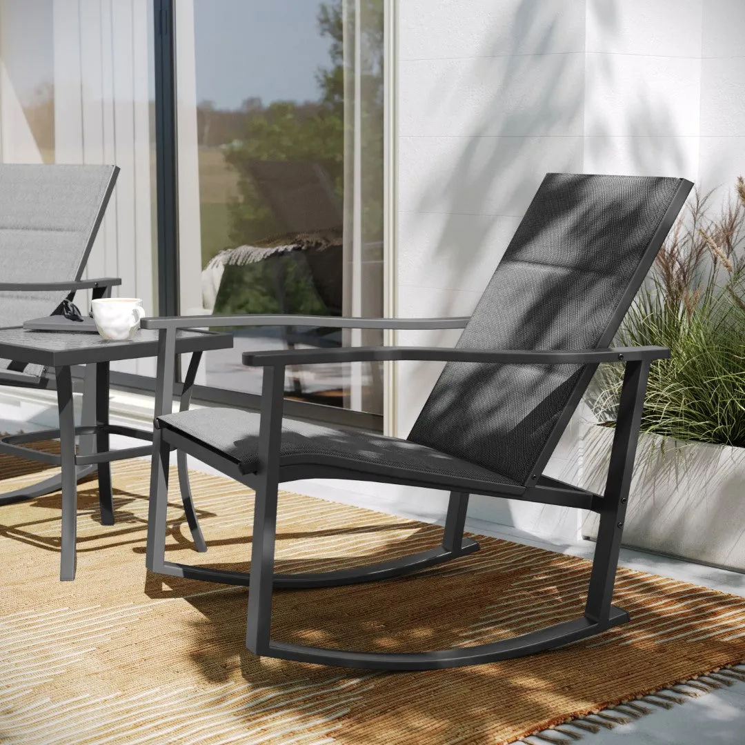 3 Piece Outdoor Rocking Chair Bistro Set with Flex Comfort Material and Steel Framed Glass Top Table, /