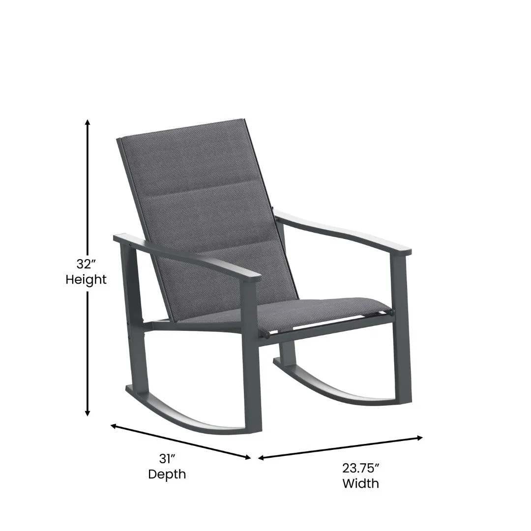 3 Piece Outdoor Rocking Chair Bistro Set with Flex Comfort Material and Steel Framed Glass Top Table, /