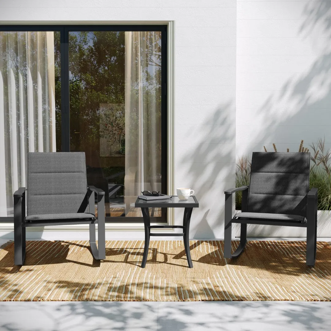 3 Piece Outdoor Rocking Chair Bistro Set with Flex Comfort Material and Steel Framed Glass Top Table, /