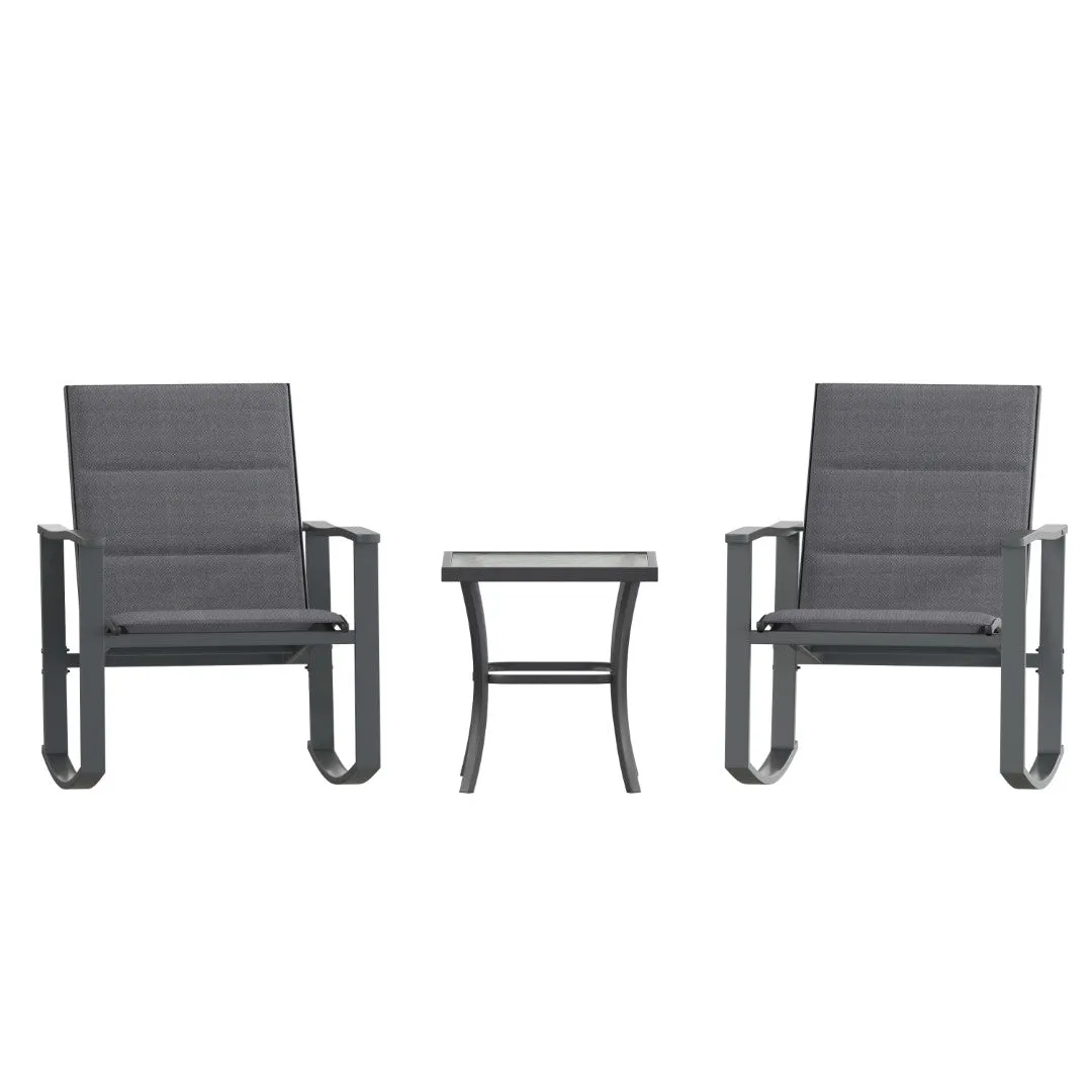 3 Piece Outdoor Rocking Chair Bistro Set with Flex Comfort Material and Steel Framed Glass Top Table, /
