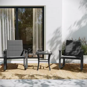 3 Piece Outdoor Rocking Chair Bistro Set with Flex Comfort Material and Steel Framed Glass Top Table, /