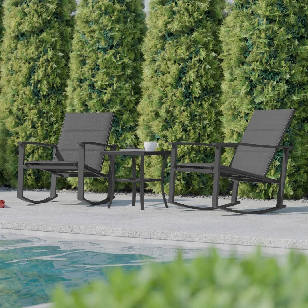 3 Piece Outdoor Rocking Chair Bistro Set with Flex Comfort Material and Steel Framed Glass Top Table, /