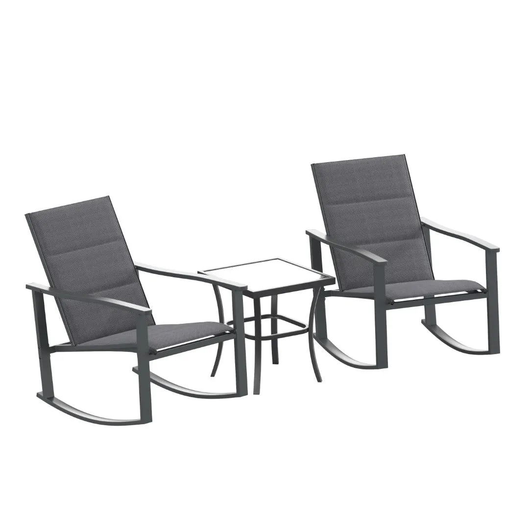 3 Piece Outdoor Rocking Chair Bistro Set with Flex Comfort Material and Steel Framed Glass Top Table, /