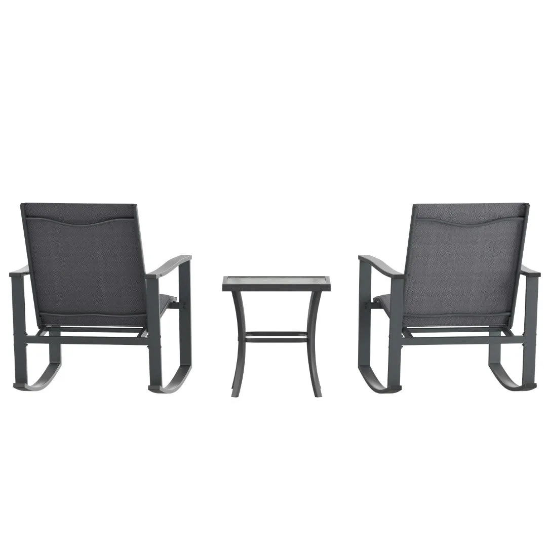 3 Piece Outdoor Rocking Chair Bistro Set with Flex Comfort Material and Steel Framed Glass Top Table, /