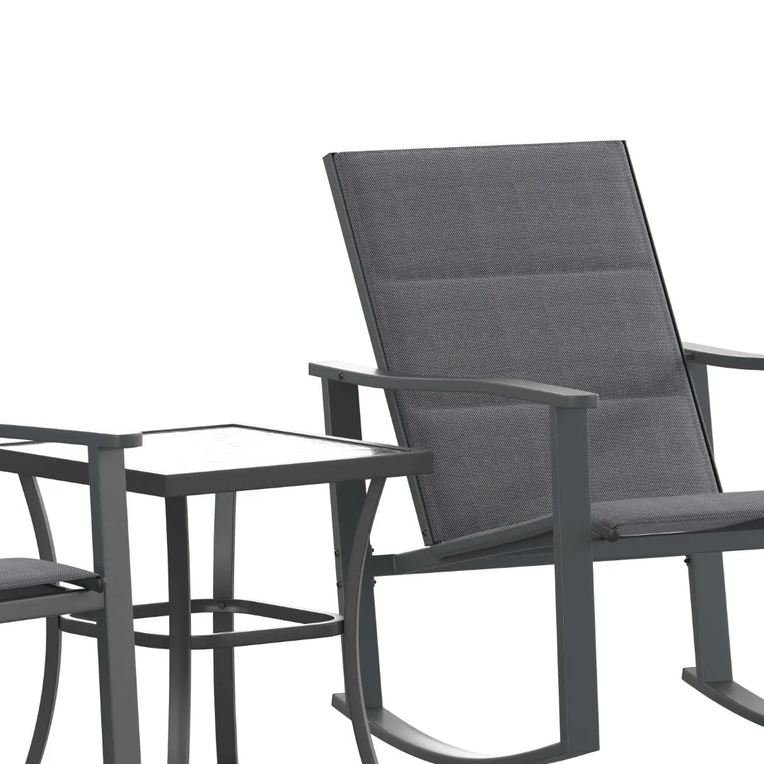 3 Piece Outdoor Rocking Chair Bistro Set with Flex Comfort Material and Steel Framed Glass Top Table, /