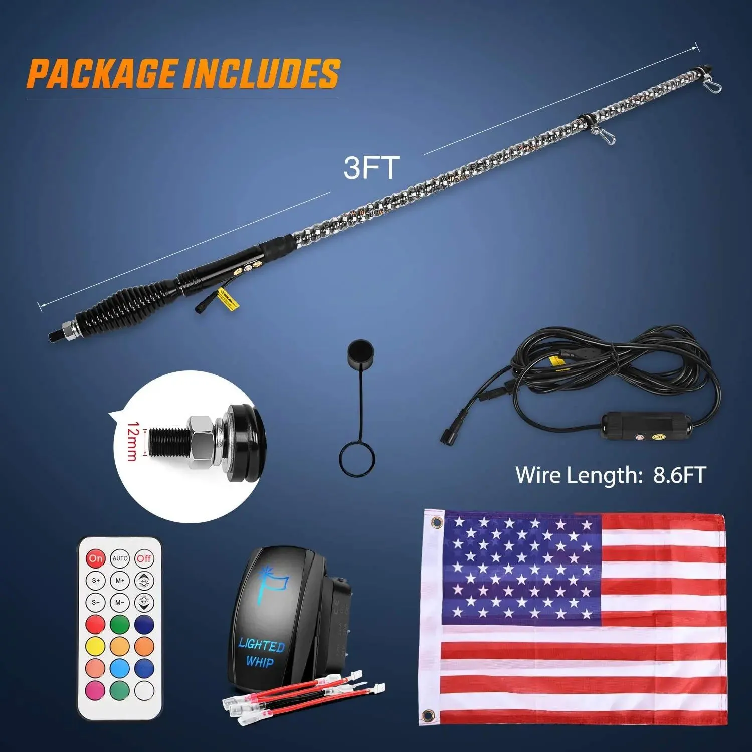 3FT Spiral Antenna W/ Spring Base Led Whip Light RF Remote Control | 8.6FT Wire 5Pin Switch