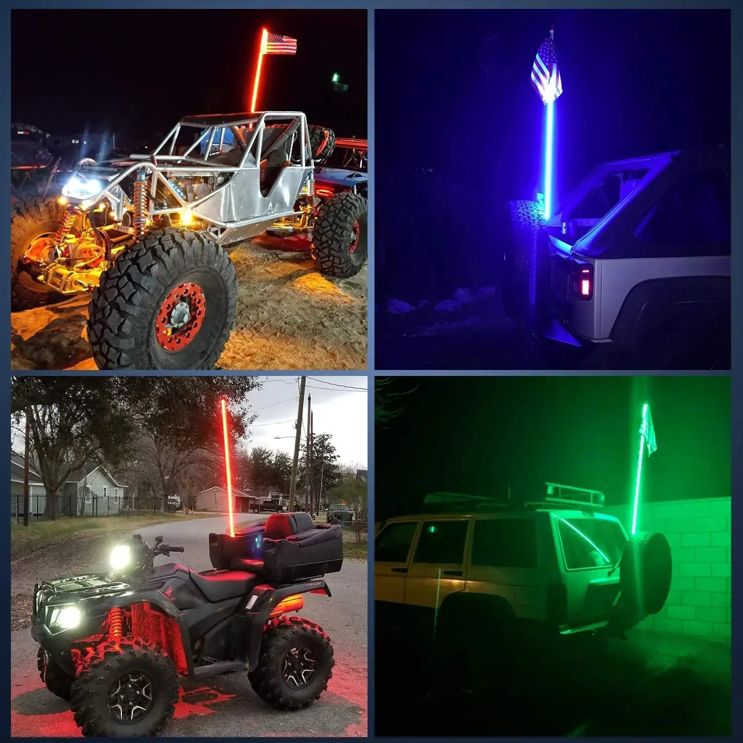 3FT Spiral Antenna W/ Spring Base Led Whip Light RF Remote Control | 8.6FT Wire 5Pin Switch