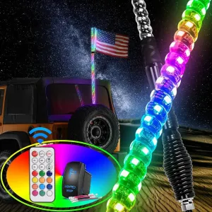 3FT Spiral Antenna W/ Spring Base Led Whip Light RF Remote Control | 8.6FT Wire 5Pin Switch