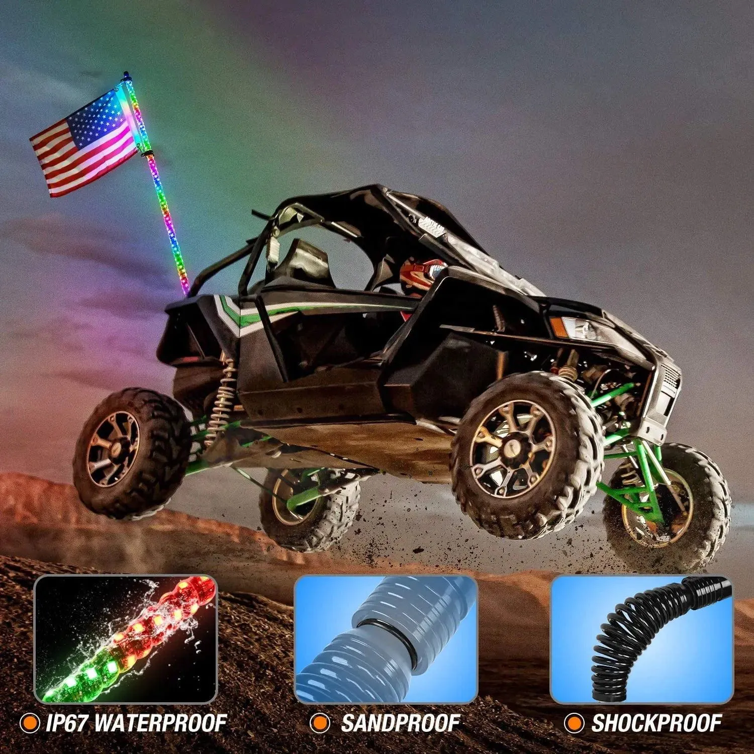 3FT Spiral Antenna W/ Spring Base Led Whip Light RF Remote Control | 8.6FT Wire 5Pin Switch