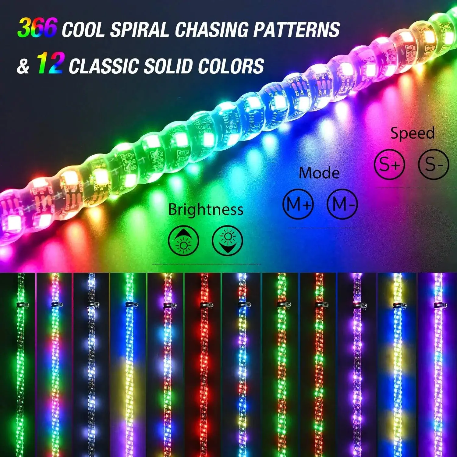 3FT Spiral Antenna W/ Spring Base Led Whip Light RF Remote Control | 8.6FT Wire 5Pin Switch