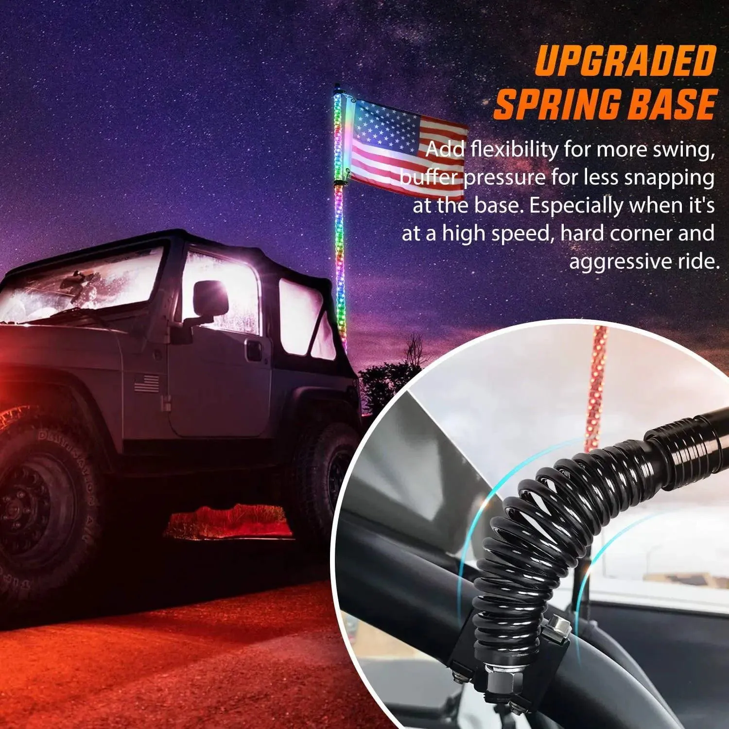 3FT Spiral Antenna W/ Spring Base Led Whip Light RF Remote Control | 8.6FT Wire 5Pin Switch