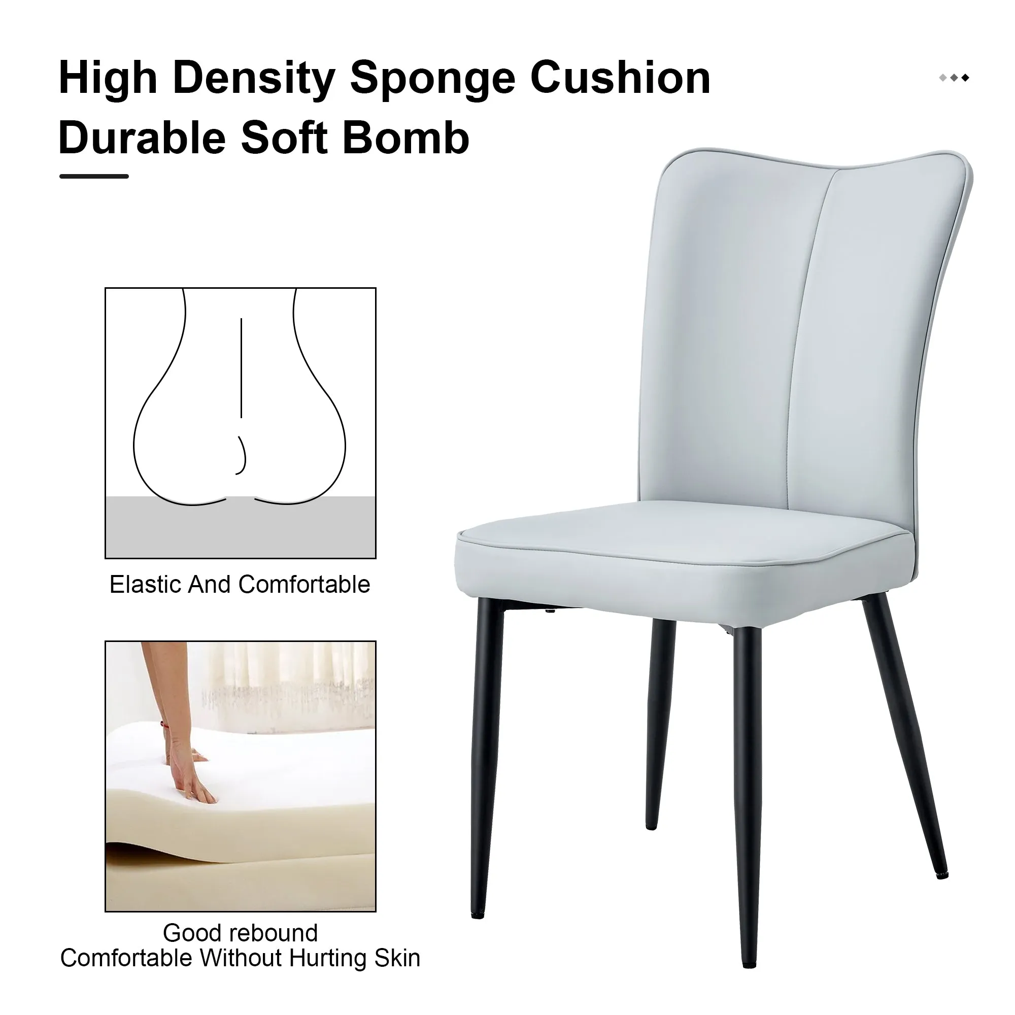 4 Light Gray Leatherette Dining Chairs with Black Metal Legs - Stylish & Comfortable Set