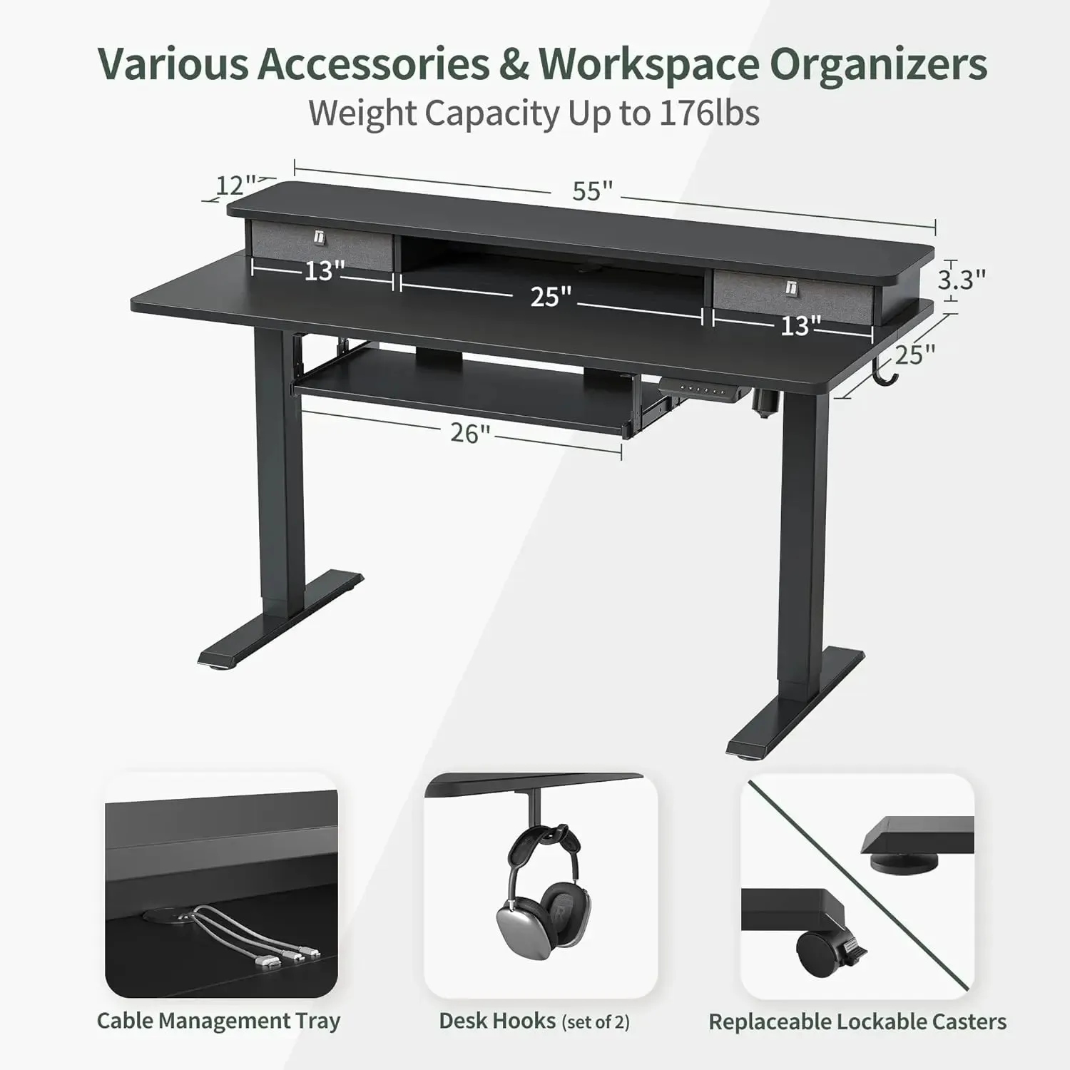 55'' Height Adjustable Electric Standing Desk with Keyboard Tray, Home Office Desk Computer Workstation with Storage Shelf,
