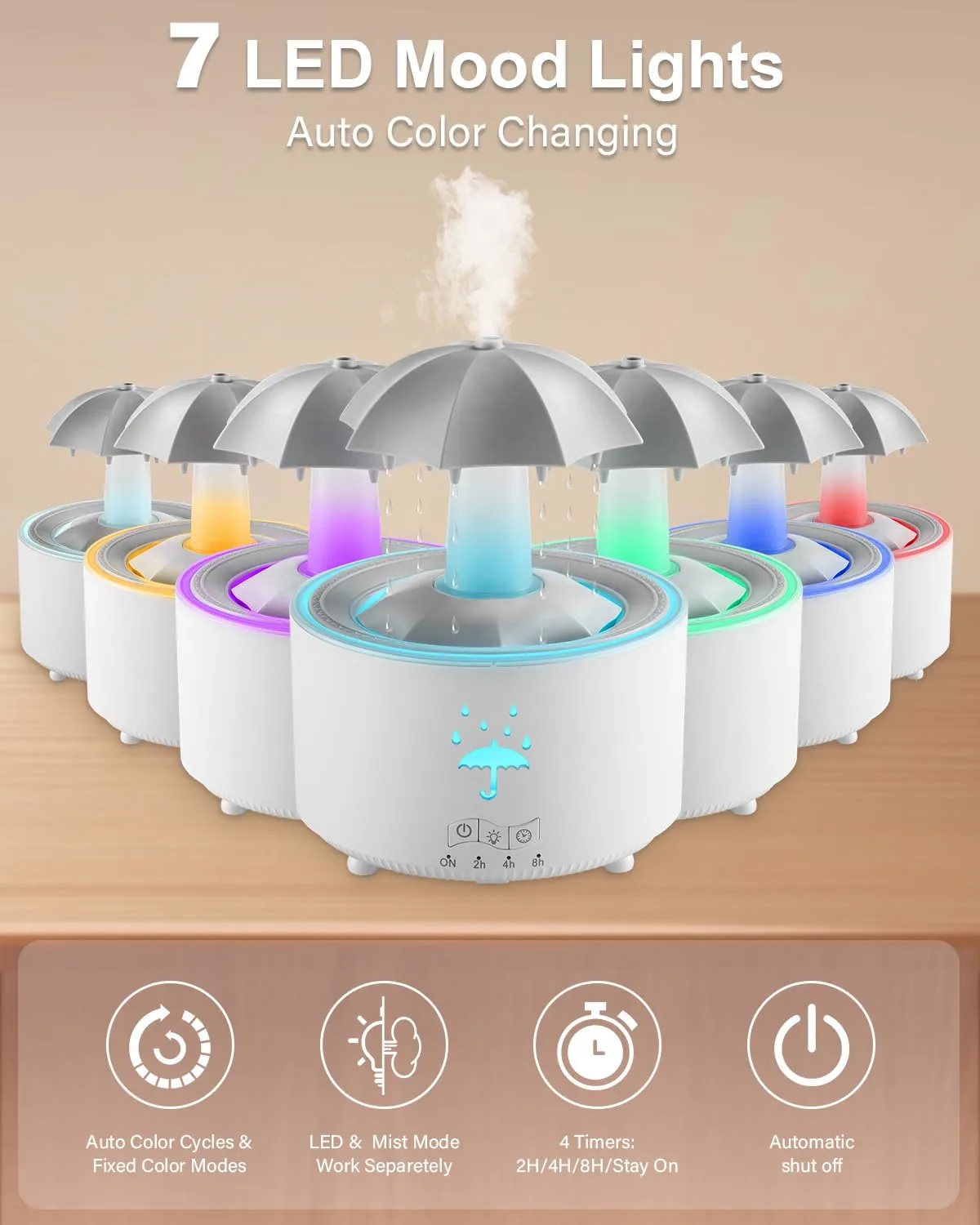 AuraliBrite Rain Umbrella Humidifier & Aroma Diffuser with Soothing Rain Sounds, Water Drip Effect, 7 Colors Mood Light, Timer and Auto-Off, Ideal for Relaxation, Sleep, Home, Bedroom, Desk
