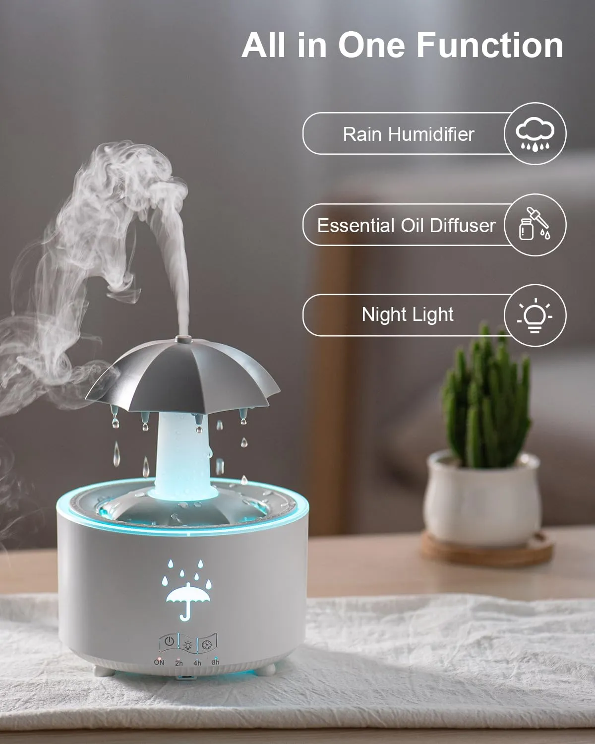 AuraliBrite Rain Umbrella Humidifier & Aroma Diffuser with Soothing Rain Sounds, Water Drip Effect, 7 Colors Mood Light, Timer and Auto-Off, Ideal for Relaxation, Sleep, Home, Bedroom, Desk