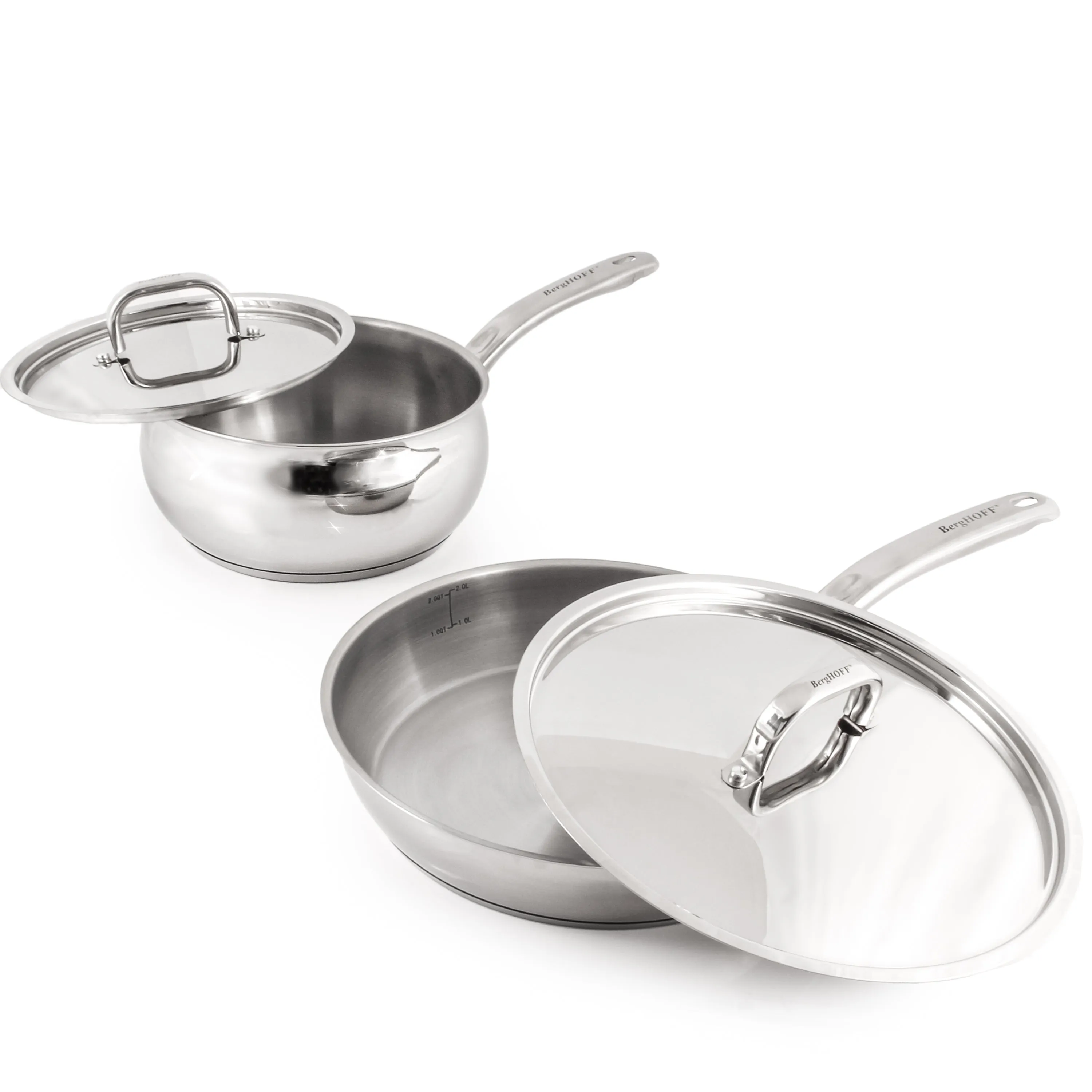 BergHOFF Belly Shape 3pc 18/10 Stainless Steel Skillet & Saucepan Cookware Set with SS Lids