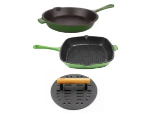 BergHOFF Neo 3pc Cast Iron Fry Pan & Grill Pan Set with Slotted Steak Press, Green