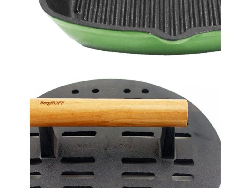 BergHOFF Neo 3pc Cast Iron Fry Pan & Grill Pan Set with Slotted Steak Press, Green
