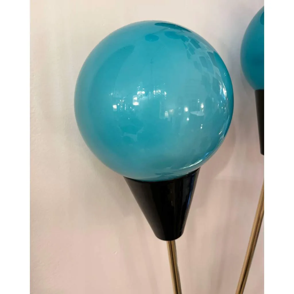 Contemporary Italian Pair of Two Globe Turquoise Blue Murano Glass Brass Sconces