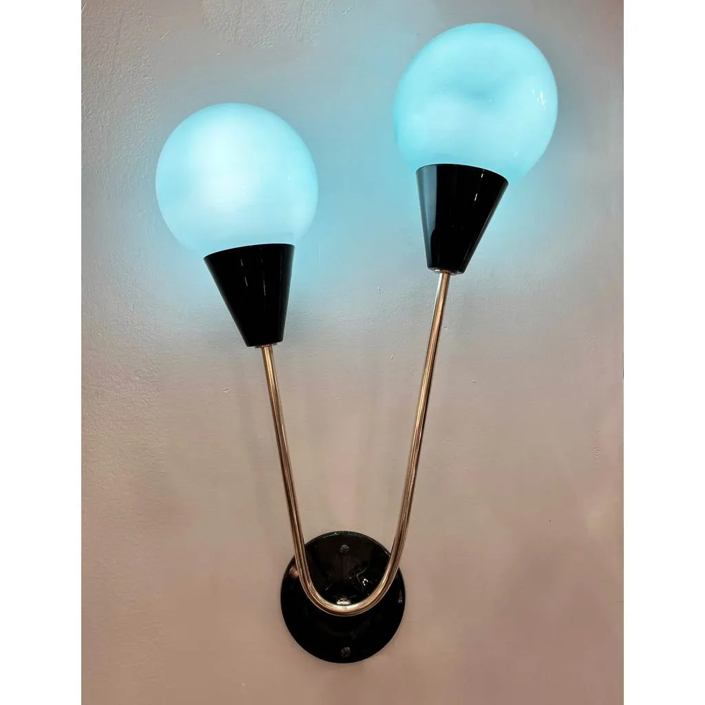 Contemporary Italian Pair of Two Globe Turquoise Blue Murano Glass Brass Sconces