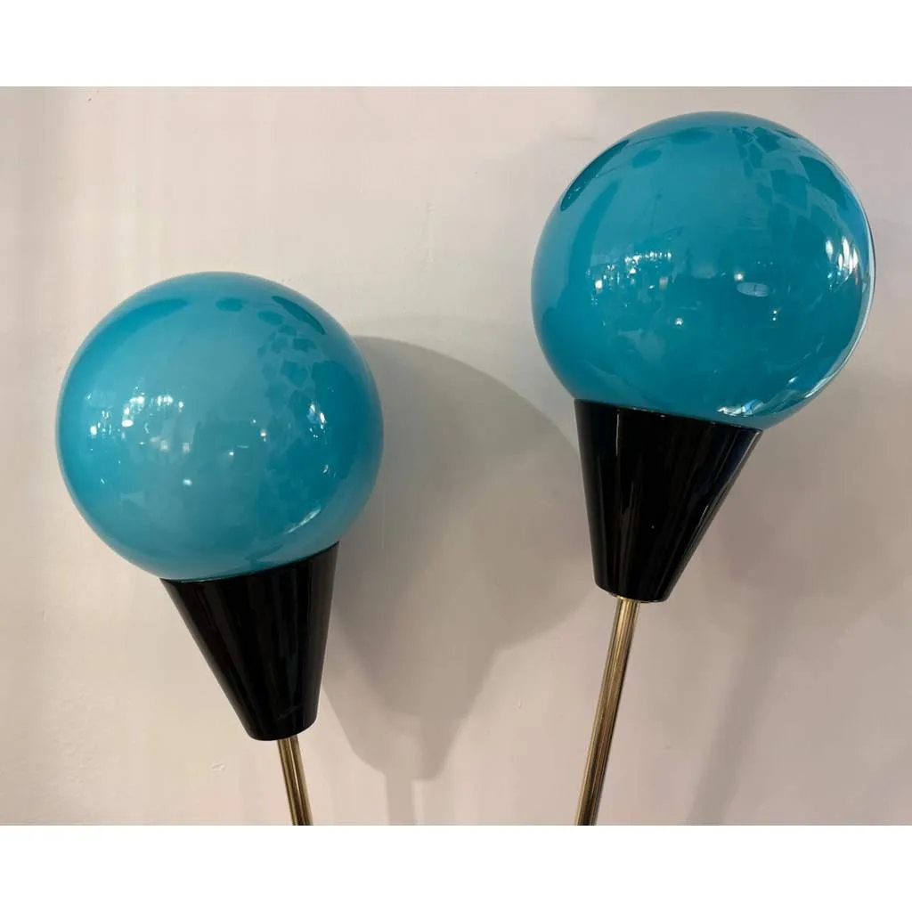 Contemporary Italian Pair of Two Globe Turquoise Blue Murano Glass Brass Sconces