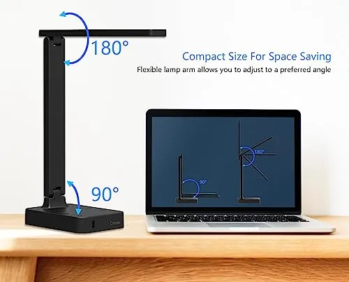 Drevet LED Desk Lamp, Desk Light with 1 USB Charging Port and 2 AC Power Outlet, 3 Lighting Modes, 3 Level Brightness,1H Timer, Touch Control, Eye-Caring Home Office Foldable Table Lamp (Black)