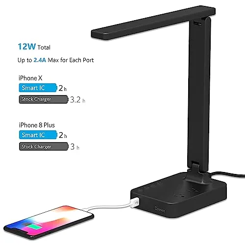 Drevet LED Desk Lamp, Desk Light with 1 USB Charging Port and 2 AC Power Outlet, 3 Lighting Modes, 3 Level Brightness,1H Timer, Touch Control, Eye-Caring Home Office Foldable Table Lamp (Black)
