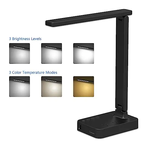 Drevet LED Desk Lamp, Desk Light with 1 USB Charging Port and 2 AC Power Outlet, 3 Lighting Modes, 3 Level Brightness,1H Timer, Touch Control, Eye-Caring Home Office Foldable Table Lamp (Black)
