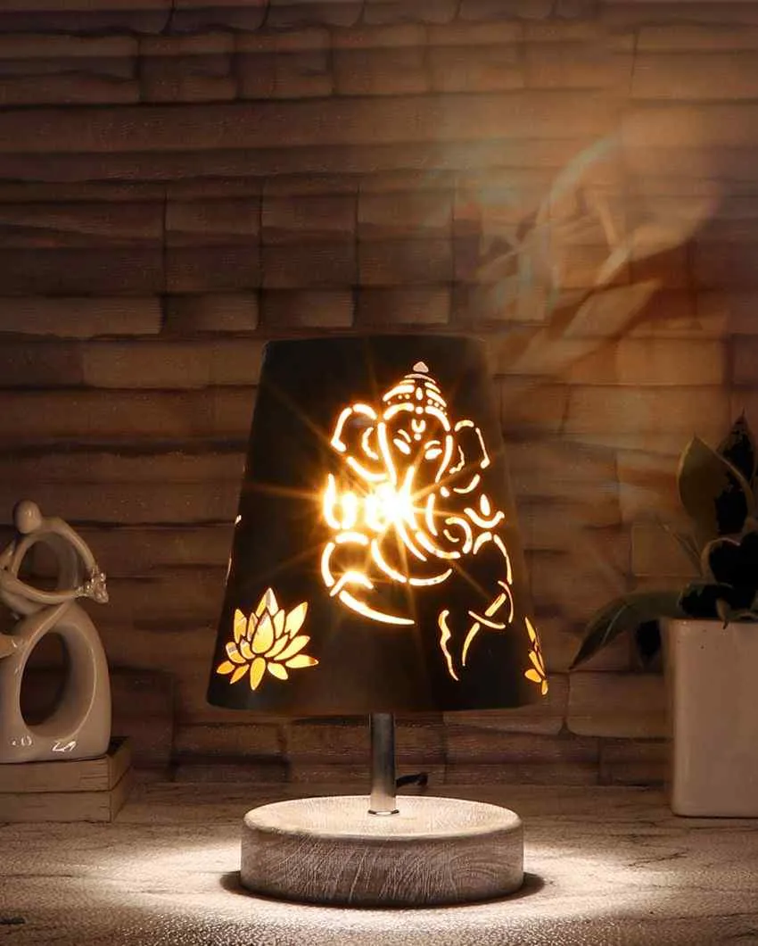 Ganesha Metal Etching Table Lamp With White Brushed Wood Round Base | 6 x 8 inches