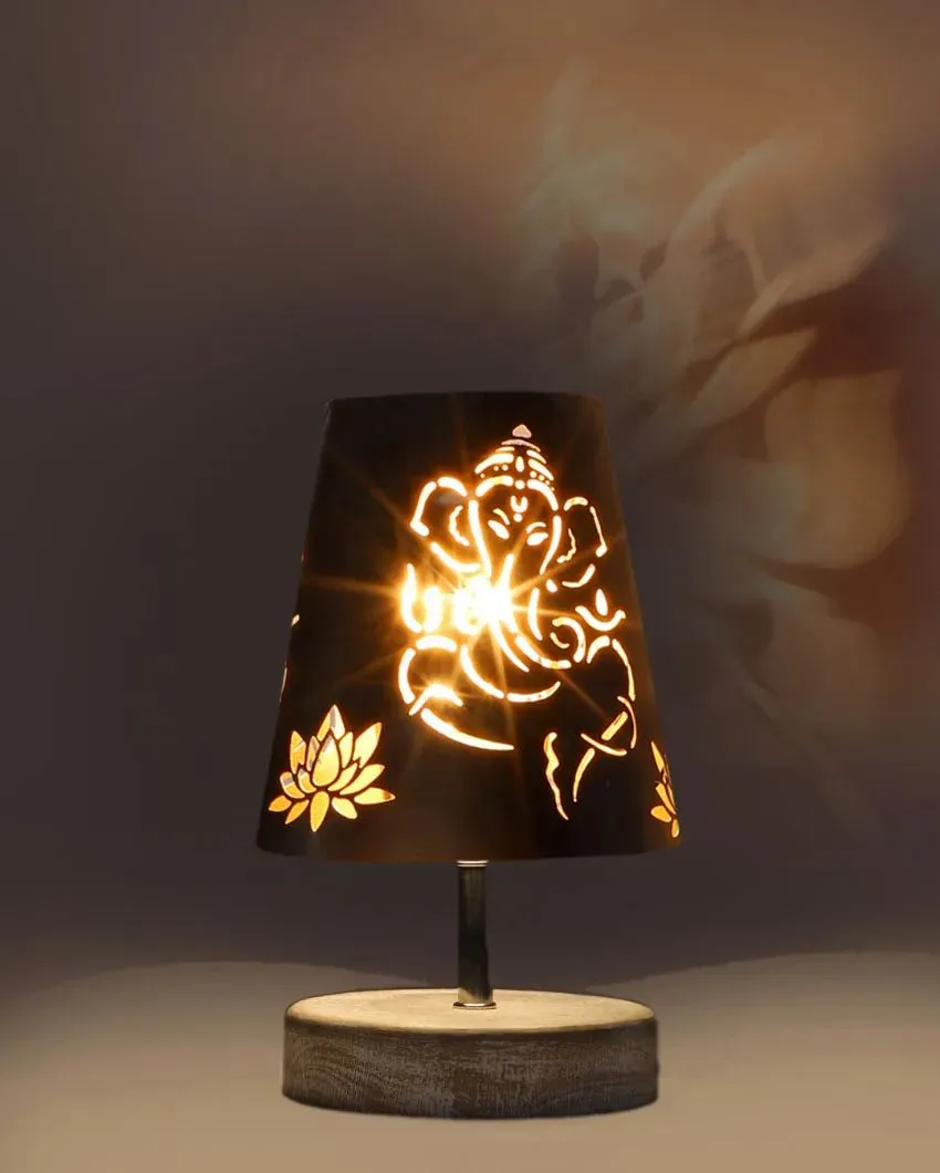 Ganesha Metal Etching Table Lamp With White Brushed Wood Round Base | 6 x 8 inches