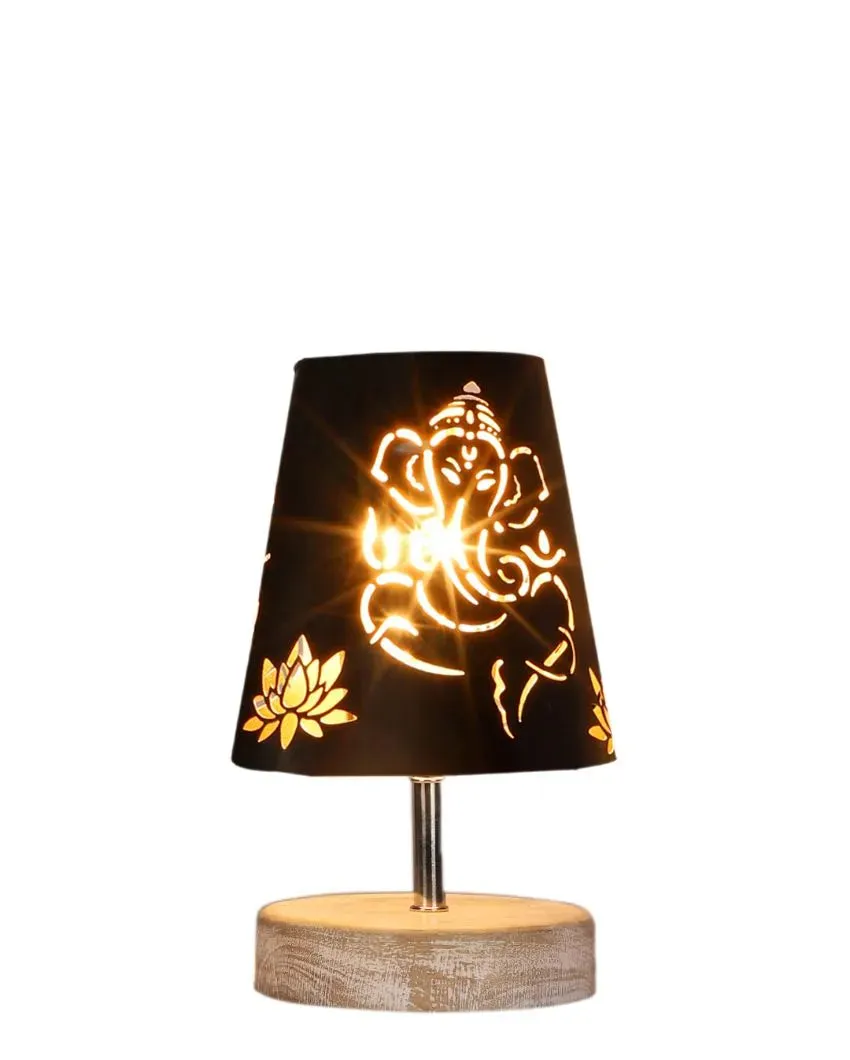 Ganesha Metal Etching Table Lamp With White Brushed Wood Round Base | 6 x 8 inches