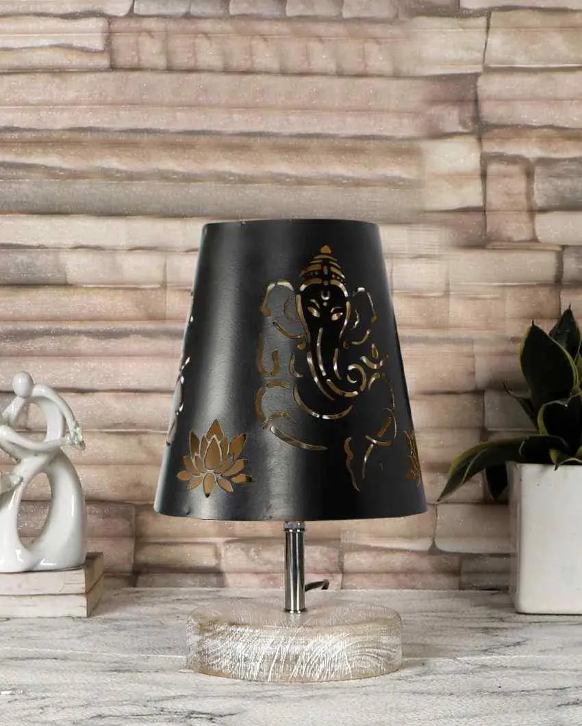 Ganesha Metal Etching Table Lamp With White Brushed Wood Round Base | 6 x 8 inches